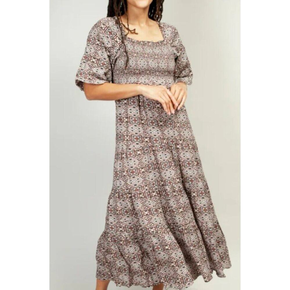 Noonday Collection Bagru Brown Tribal Print Smocked Maxi Dress 1 S-M